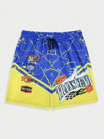 Men Racing Digital Print Shorts, Suitable For Daily Wear In Spring And Summer