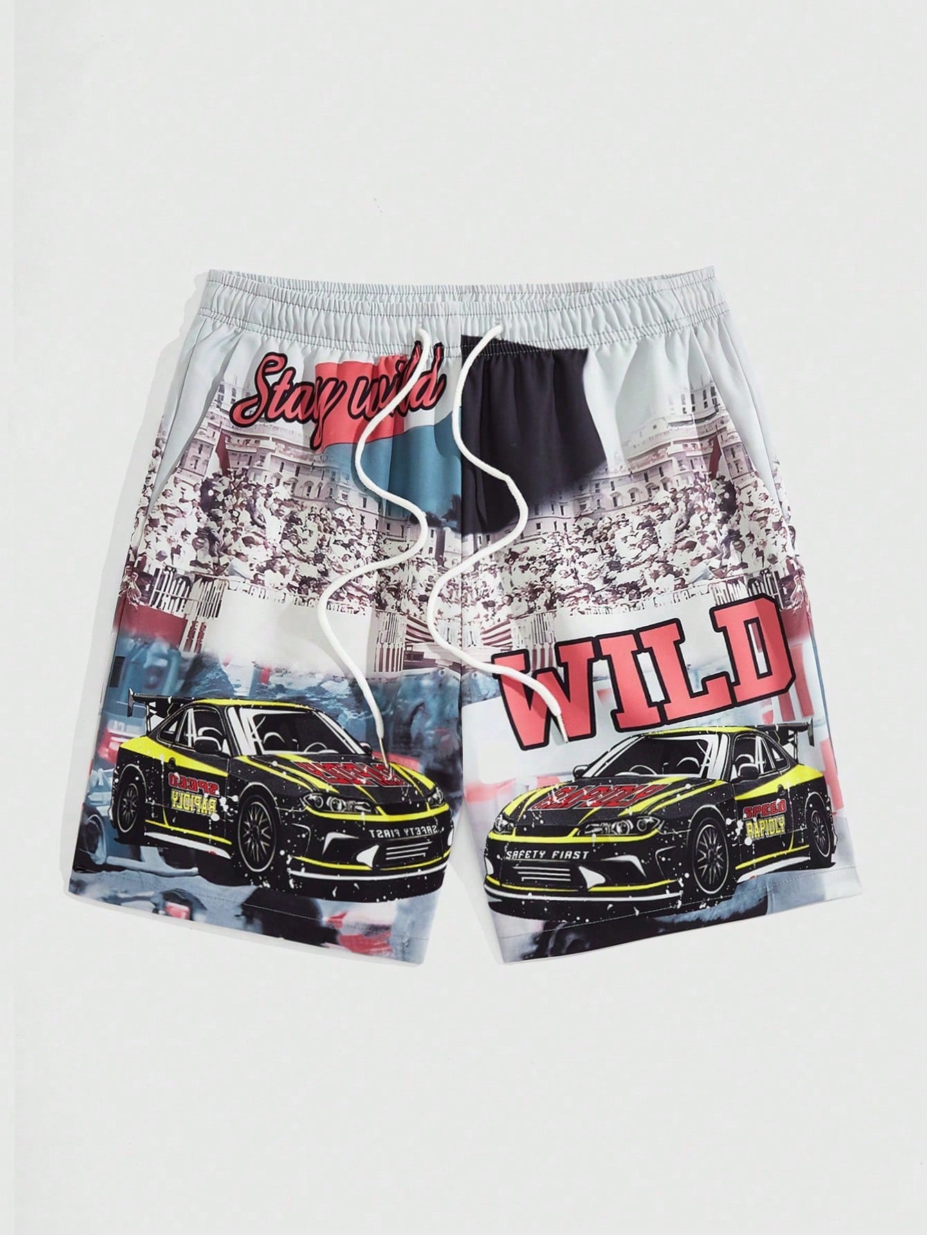 Men's Vintage Car & Character Printed Drawstring Waist Casual Shorts For Summer