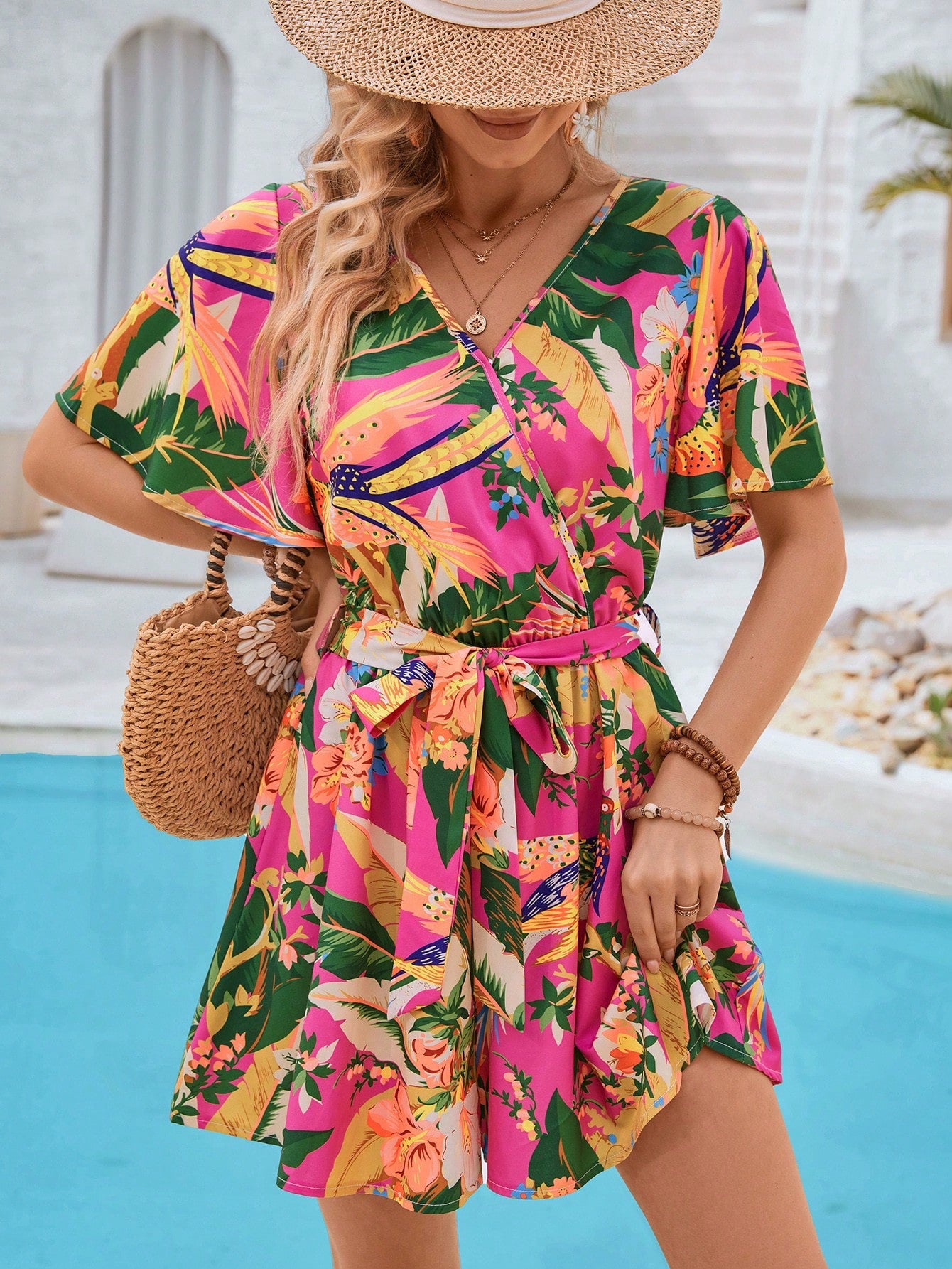 Ladies Holiday Casual Tropical Butterfly Sleeve Jumpsuit