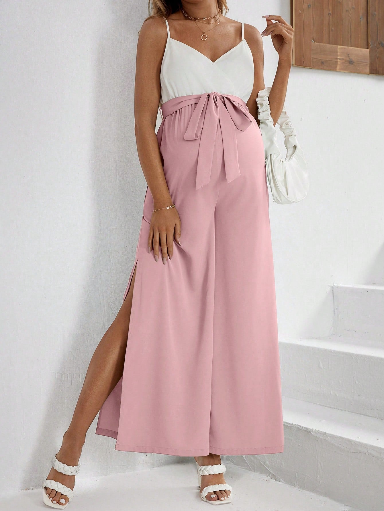 Maternity Vacation Casual Contrast Color Splice Side Slit Jumpsuit With Straps