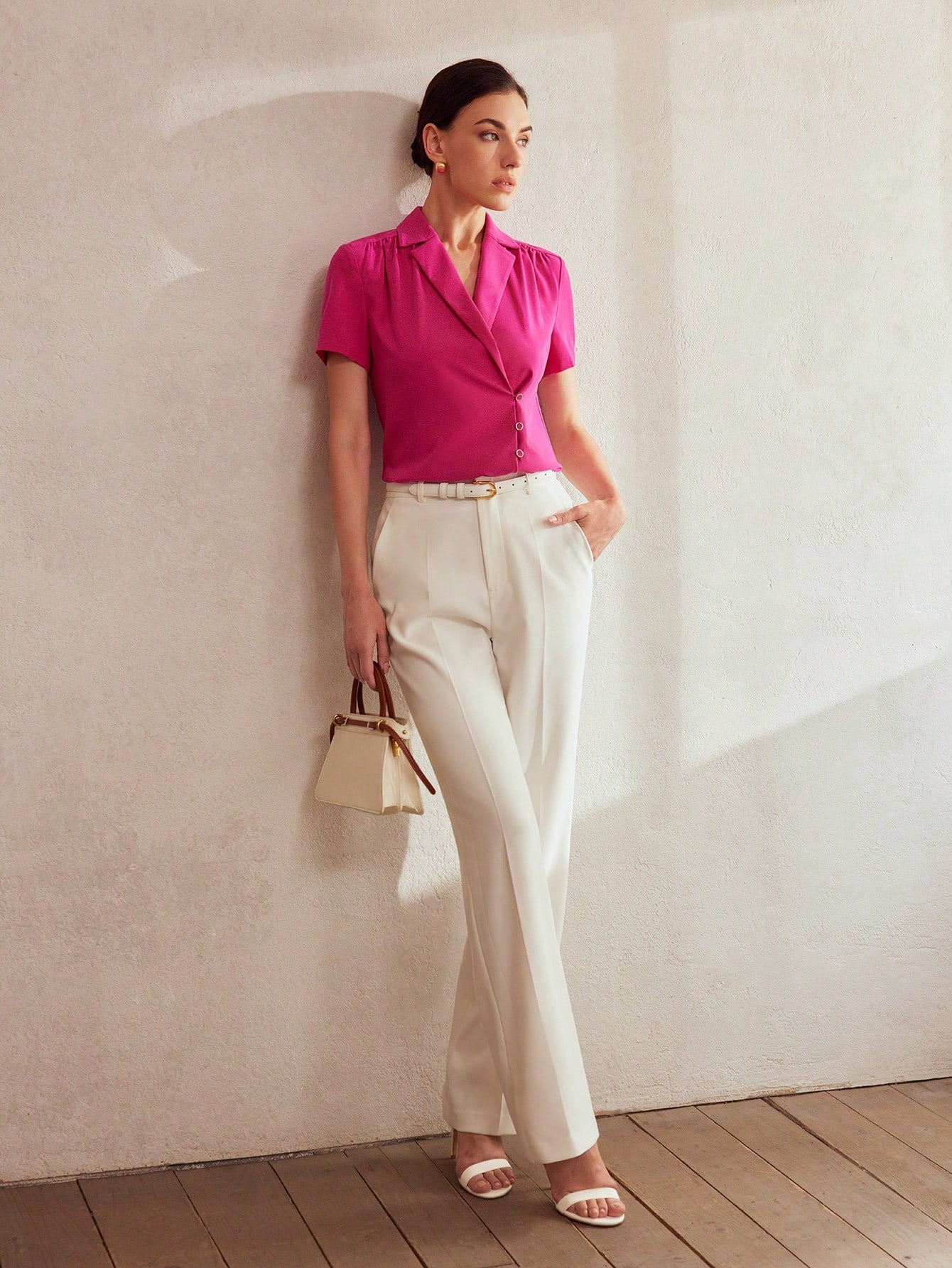 SOLID LAPEL COLLAR FOLD PLEATED BLOUSE