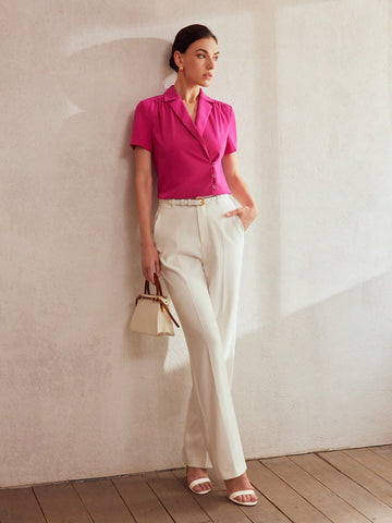 SOLID LAPEL COLLAR FOLD PLEATED BLOUSE