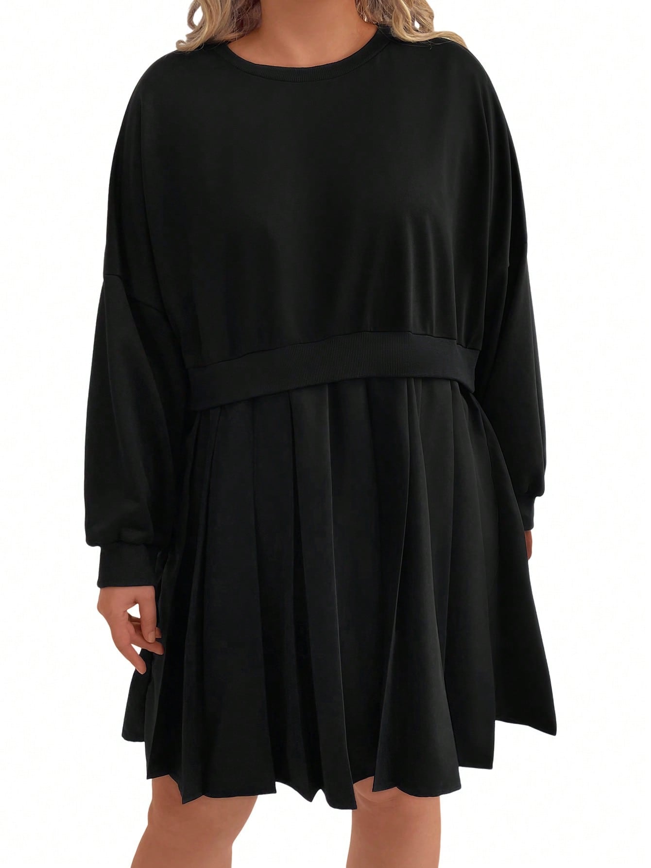 Plus Size Casual Solid Color Drop Shoulder Loose Long Sleeve Pleated Splice False 2 In 1 Dress