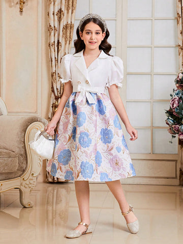 Tween Girls' Cute Color Block Floral Printed Bubble Sleeve Dress With Lapel Neck, Summer