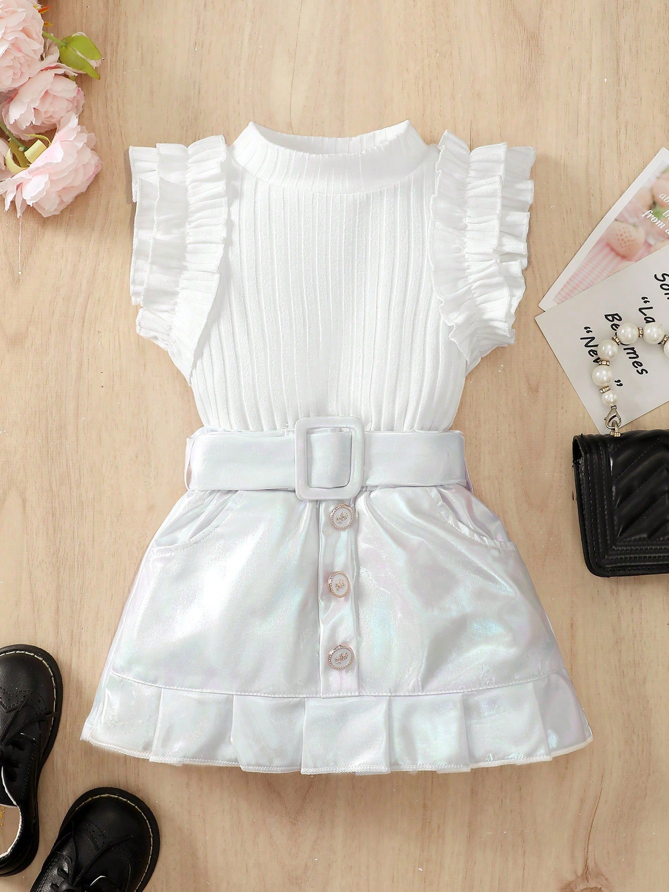 Baby Girl Solid Color Stand Collar Cap Sleeve Top And Cute Elegant Skirt Set For Summer