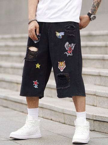 Men's Star Print Distressed Loose Casual Denim Shorts