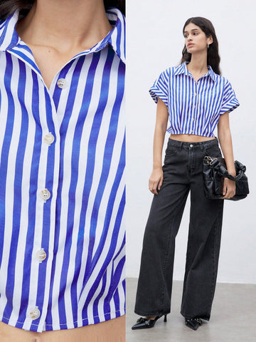 Women Blue And White Striped Batwing Short Sleeve Cropped Casual Shirt For Summer