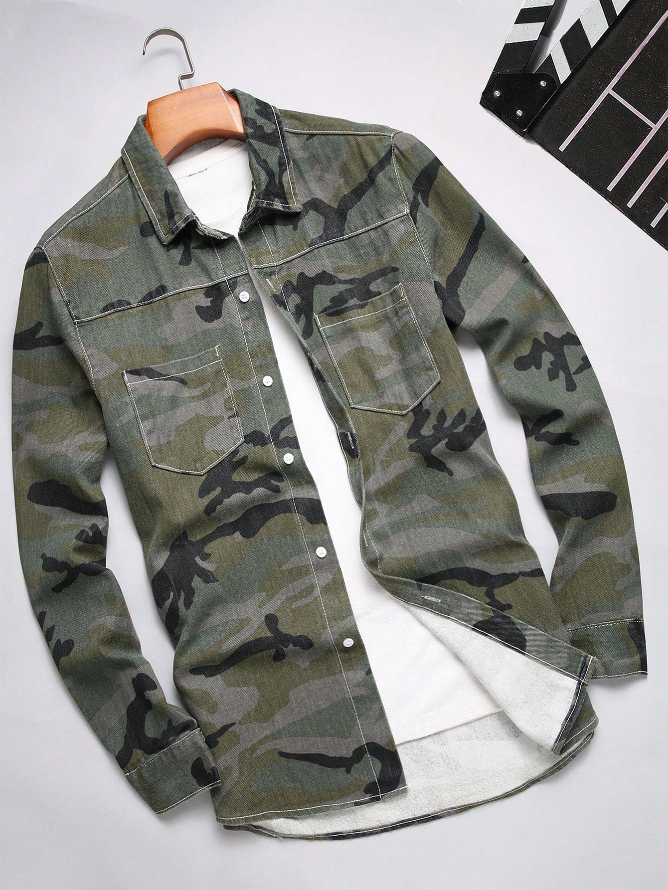 Men's Camouflage Printed Single-Breasted Casual Long Sleeve Denim Shirt