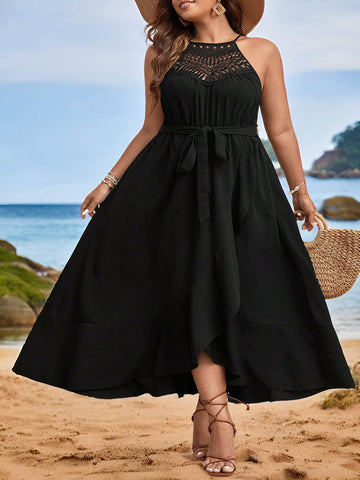 Plus Size Halter Lace Patchwork Sleeveless Tie Waist A-Line Dress With Ruffle Hem And Irregular Hemline In Black For Vacation