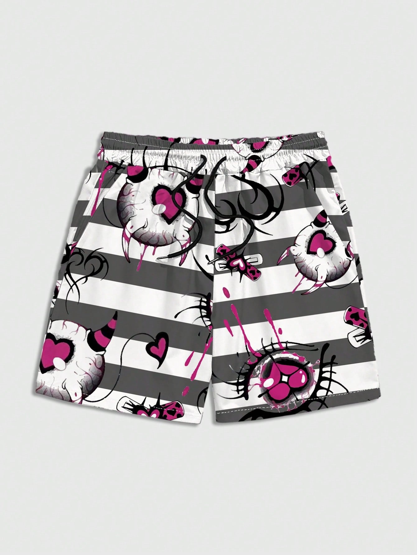 Men's Casual Drawstring Waist Color Block Striped Heart Eyes All Over Print Shorts For Summer