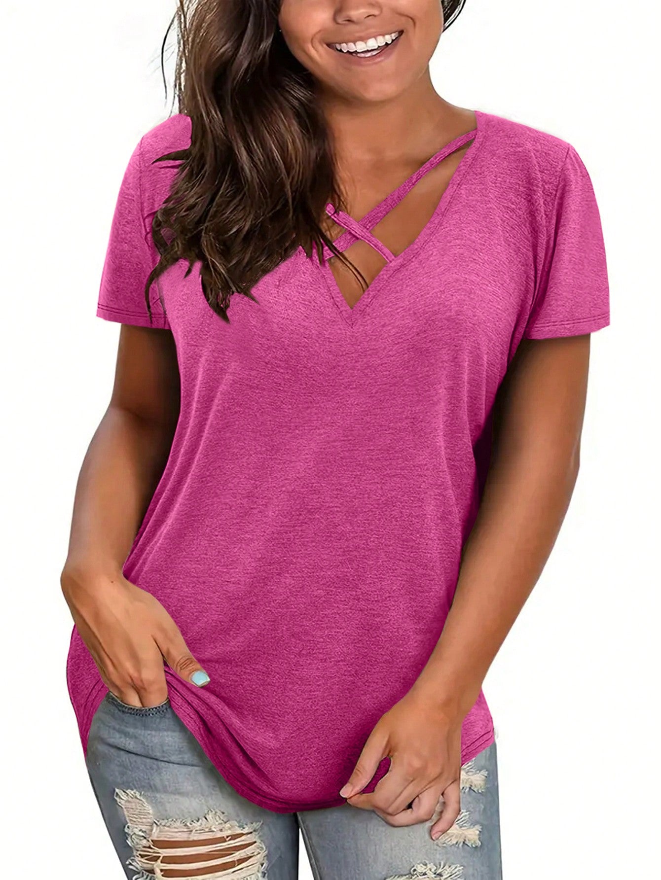 Women's Summer Solid Color Tie Front Criss-Cross V-Neck Short Sleeve Casual T-Shirt