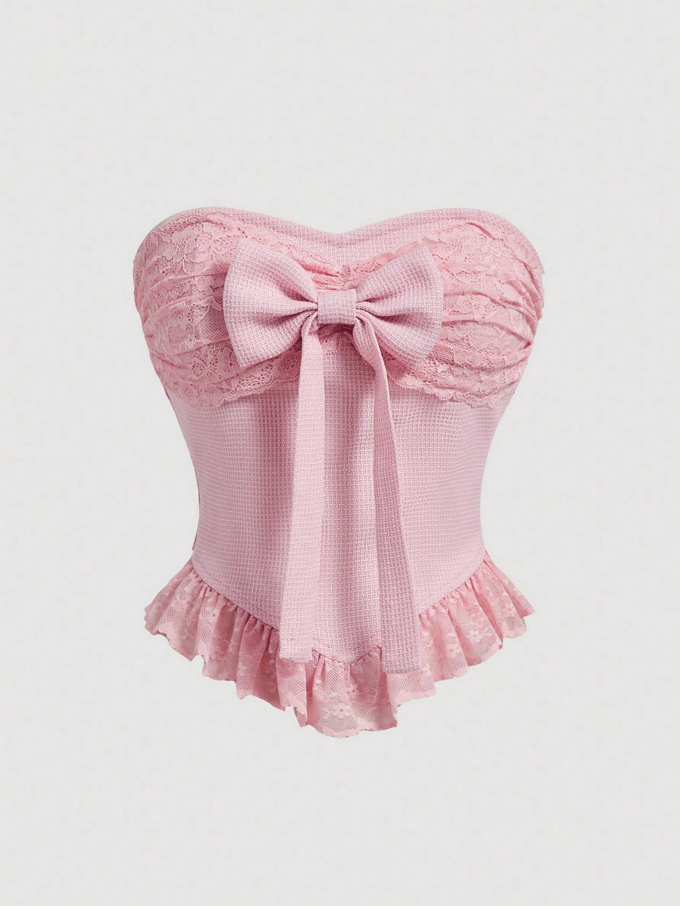 Summer Lace Patchwork Strapless Top With Bow Decoration, Pink Cute Blouse