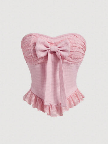 Summer Lace Patchwork Strapless Top With Bow Decoration, Pink Cute Blouse