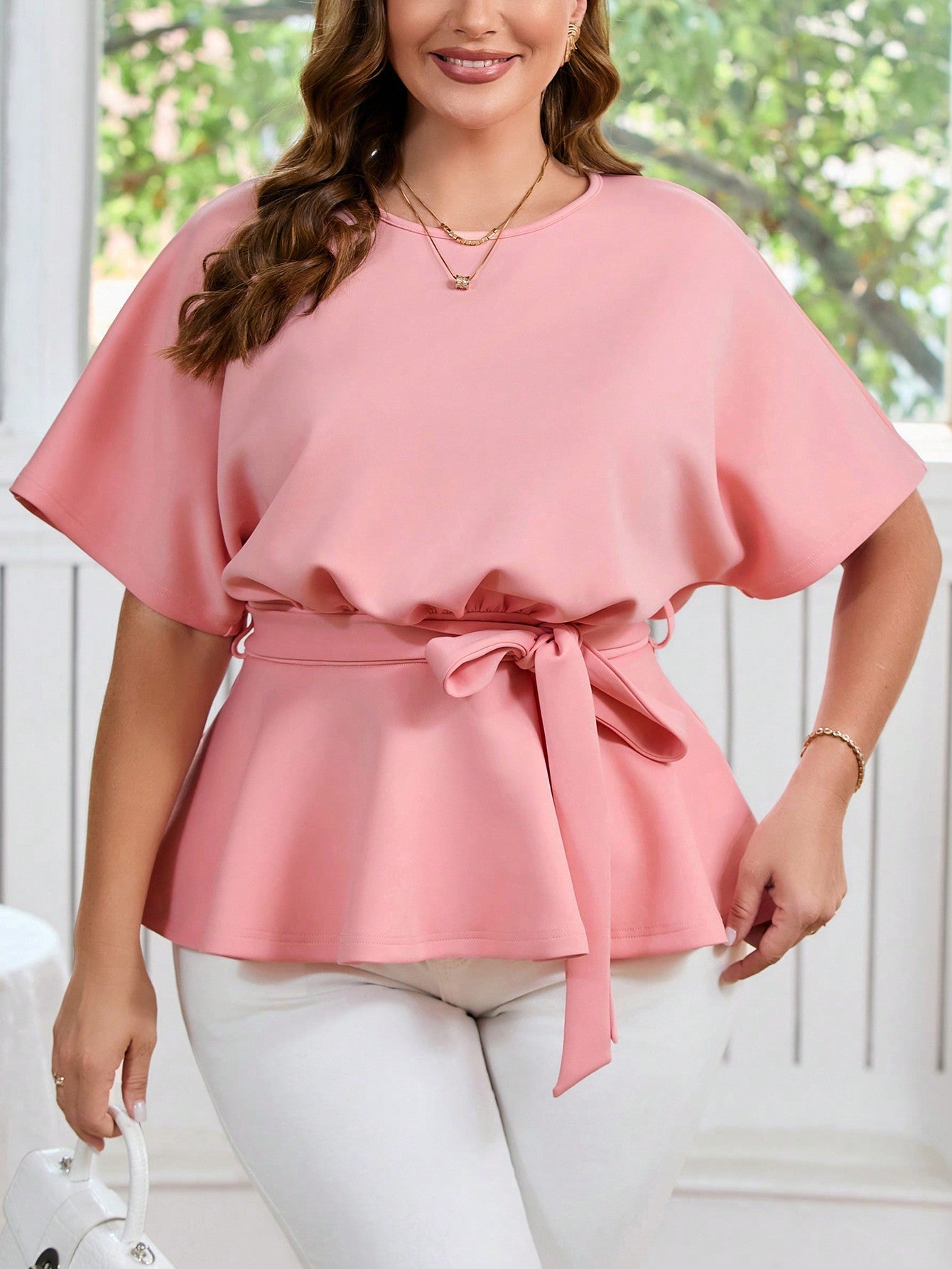 Elegant Loose Plus Size T-Shirt With Small Round Collar And Tie