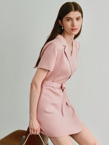 SOLID LAPEL COLLAR BELTED DRESS