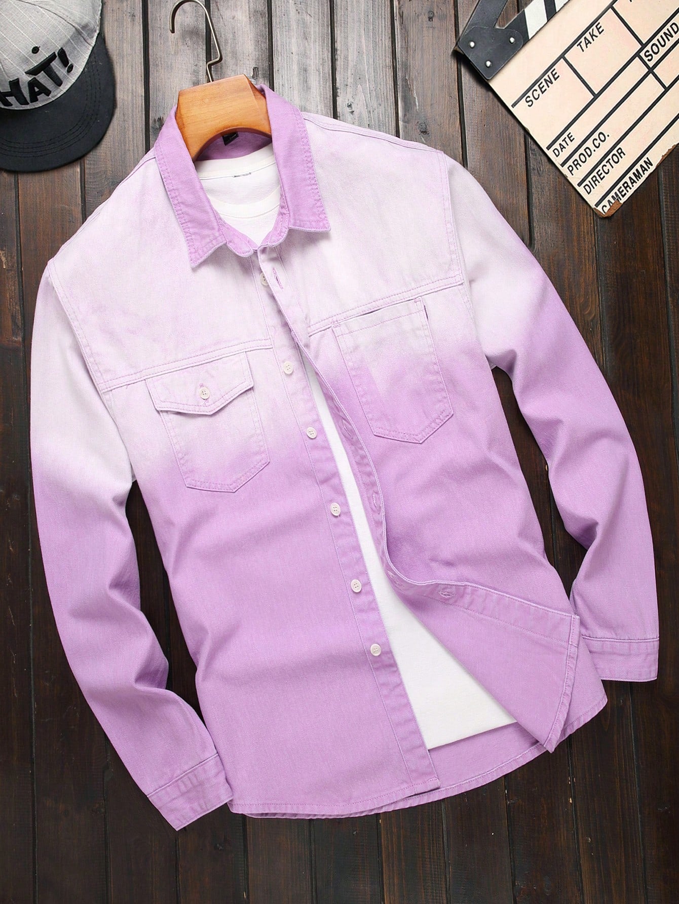 Men's Spring Summer Ombre Long Sleeve Flip Pocket Casual Denim Shirt