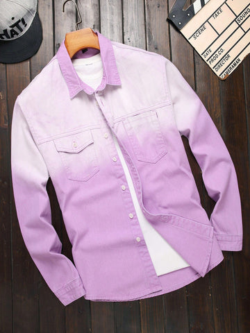 Men's Spring Summer Ombre Long Sleeve Flip Pocket Casual Denim Shirt