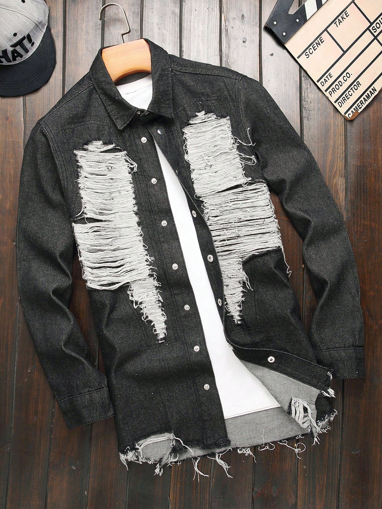 Men's Plain Distressed Letter Print Casual Denim Shirt