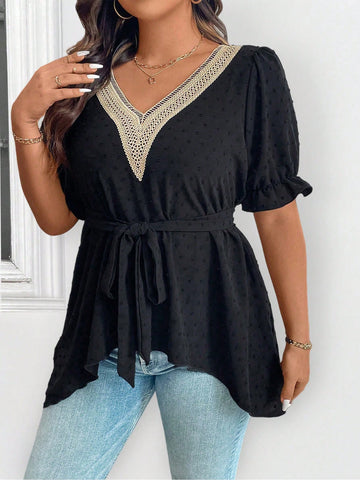 Plus Size Women Summer Patchwork Lace Short Sleeve Asymmetrical Hem Elegant Blouse With Color Block