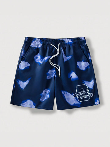 Men's Casual Butterfly Printed Drawstring Waist Shorts, Summer