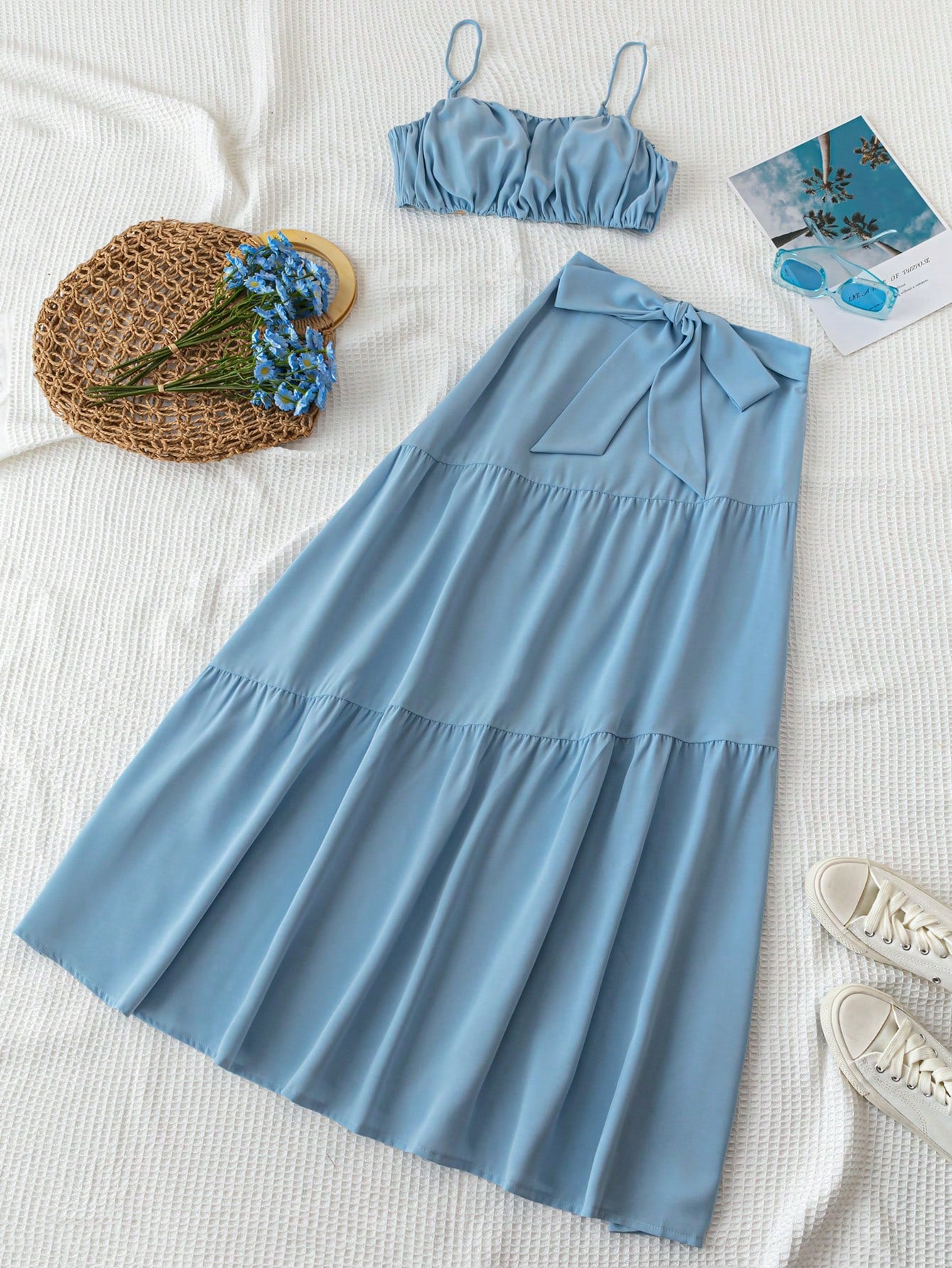 Blue Pleated Cami Top And Long A-Line Skirt Set