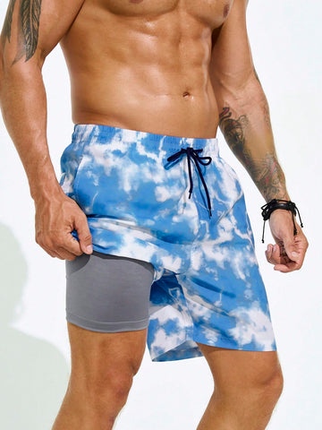 Men Summer Holiday 2-In-1 Drawstring Waist Ombre Beach Shorts