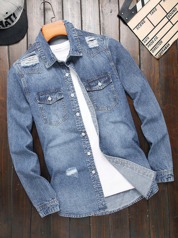 Men Simple Casual Jeans Shirt With Distressed Design