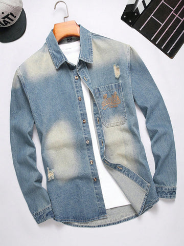 Men's Simple Printed Denim Shirt For Daily Wear