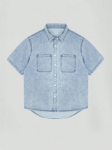 Men's Washed Short Sleeve Denim Shirt Suitable For Spring And Summer