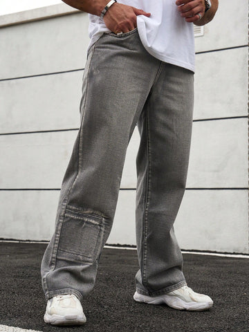 Men's Light Grey Cartoon Printed Casual Wide Leg Jeans With Back Pockets