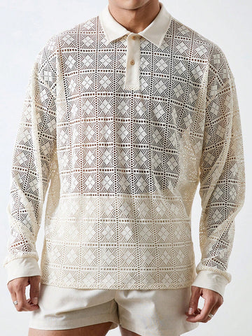 Men's Oversized Long Sleeve Polo In Beige Crochet