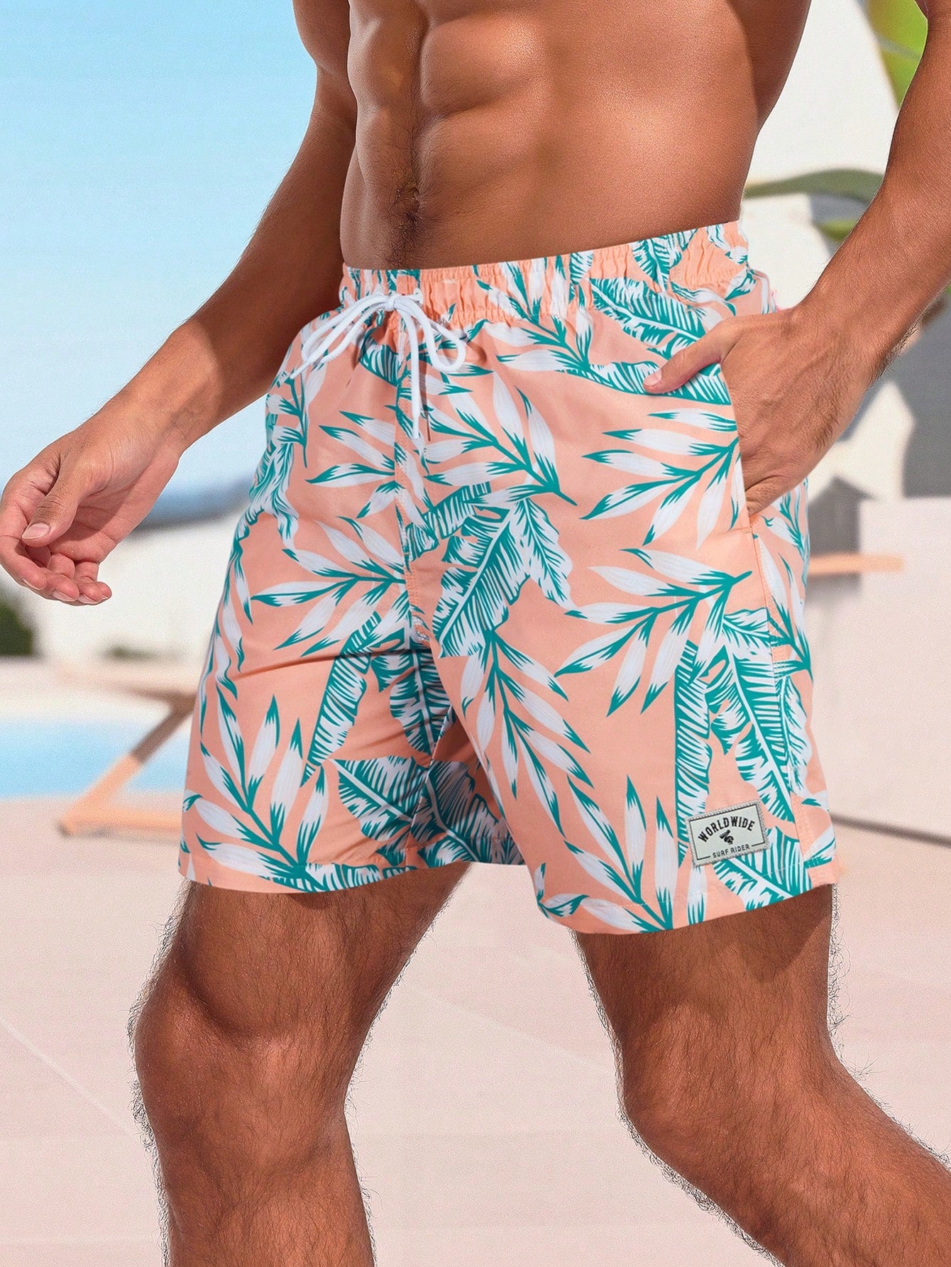 Men's Tropical Plant Printed Drawstring Elastic Waist Loose Beach Shorts For Vacation