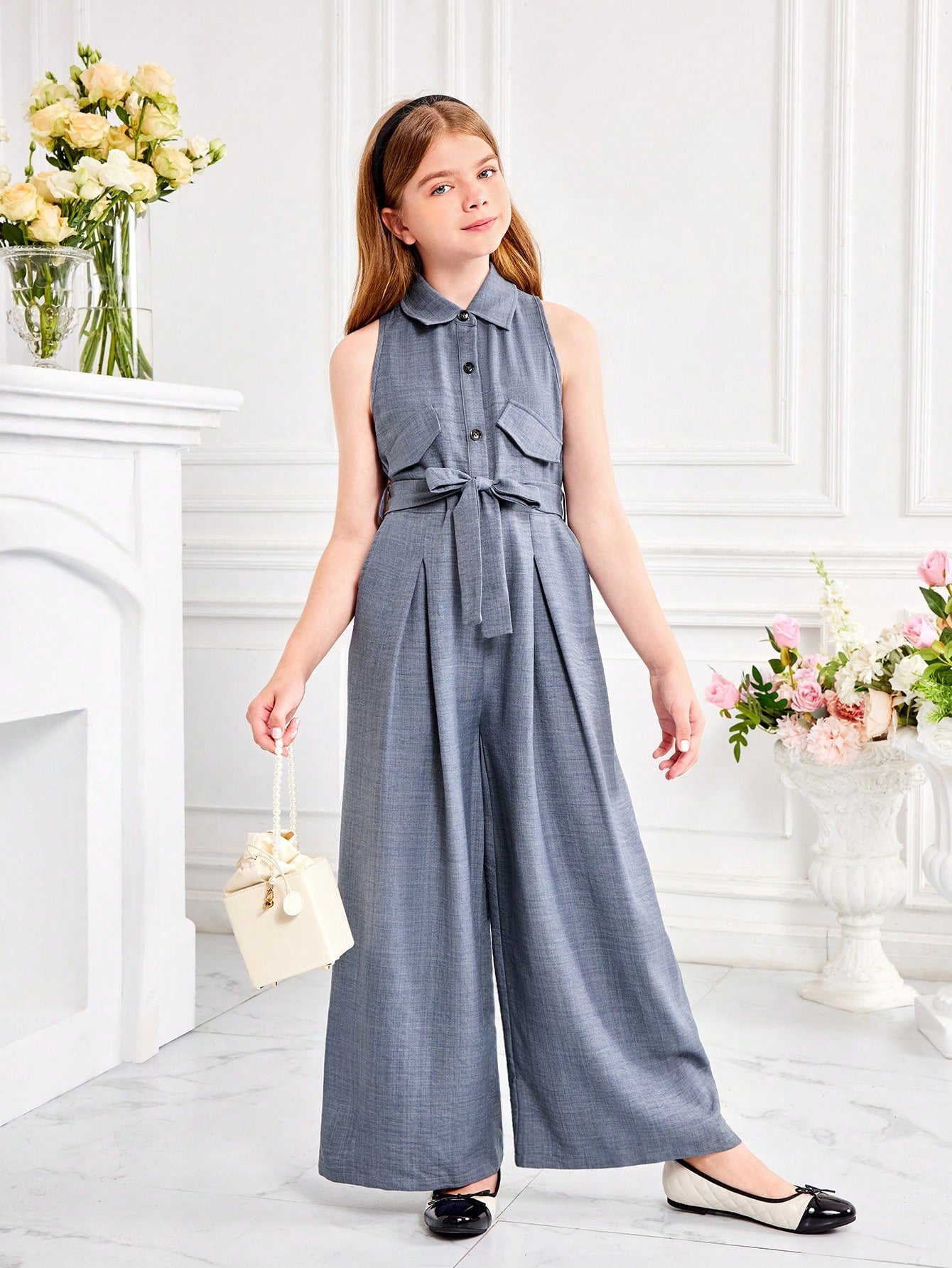 Tween Girl Casual & Office Wear Spring Summer Woven Solid Color Sleeveless Shirt Collar Wide Leg Jumpsuit