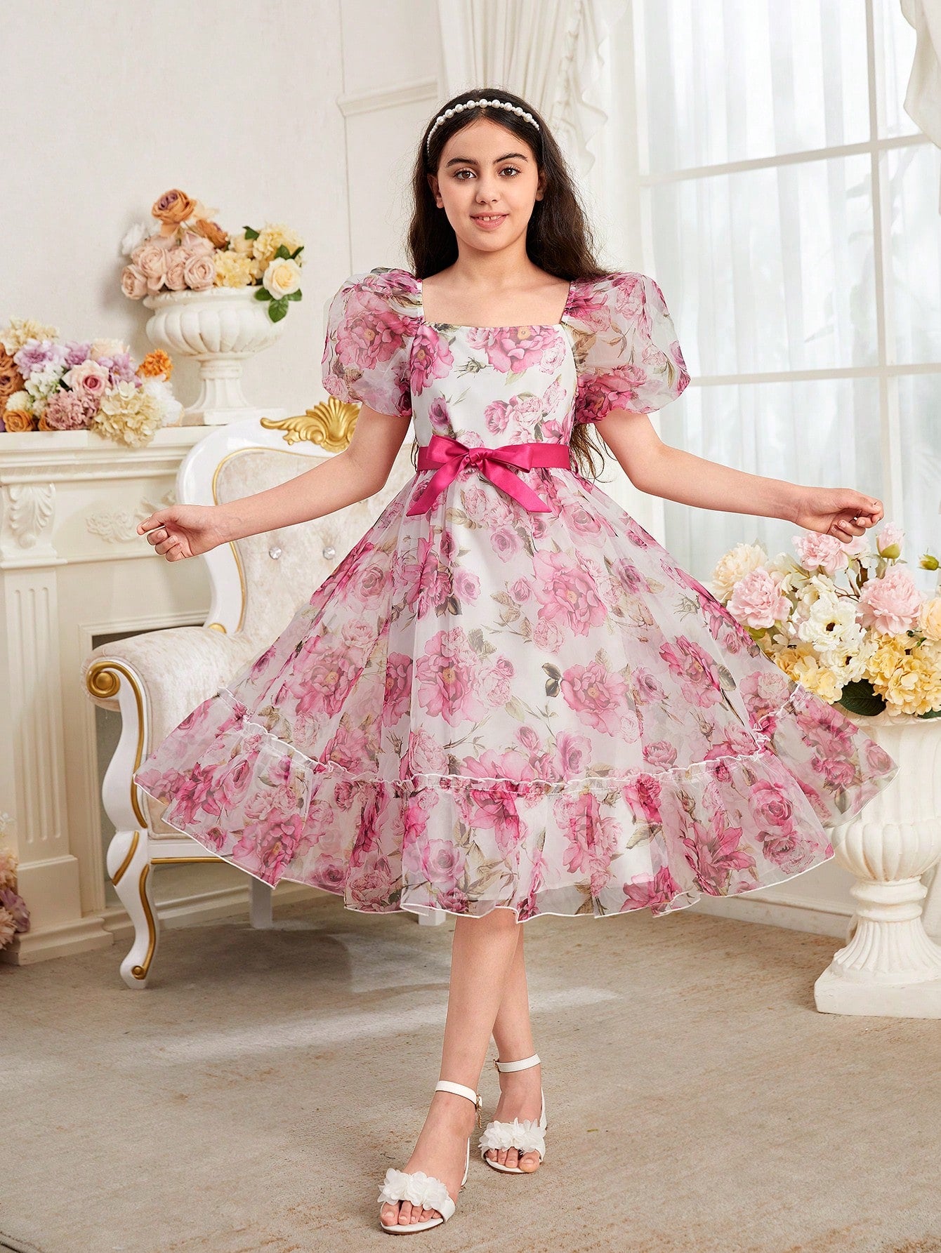 Tween Girl Gorgeous  Spring Summer Square Neckline Puff Sleeve Organza Dress With Detachable Belt, Ruffle Hemline And Floral Print