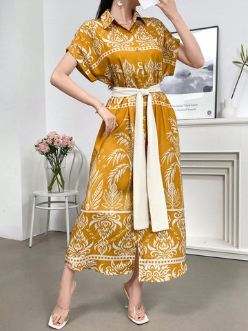 Women's Short Sleeve Vacation Style Dress With Coconut Tree Print