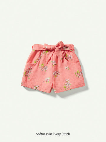 Baby Girl Ditsy Floral Decorated Bowknot Elastic Waist Casual Shorts