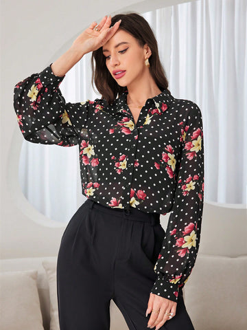 Women's Polka Dot And Floral Printed Long Sleeve Shirt With Front Row Buttons, Summer