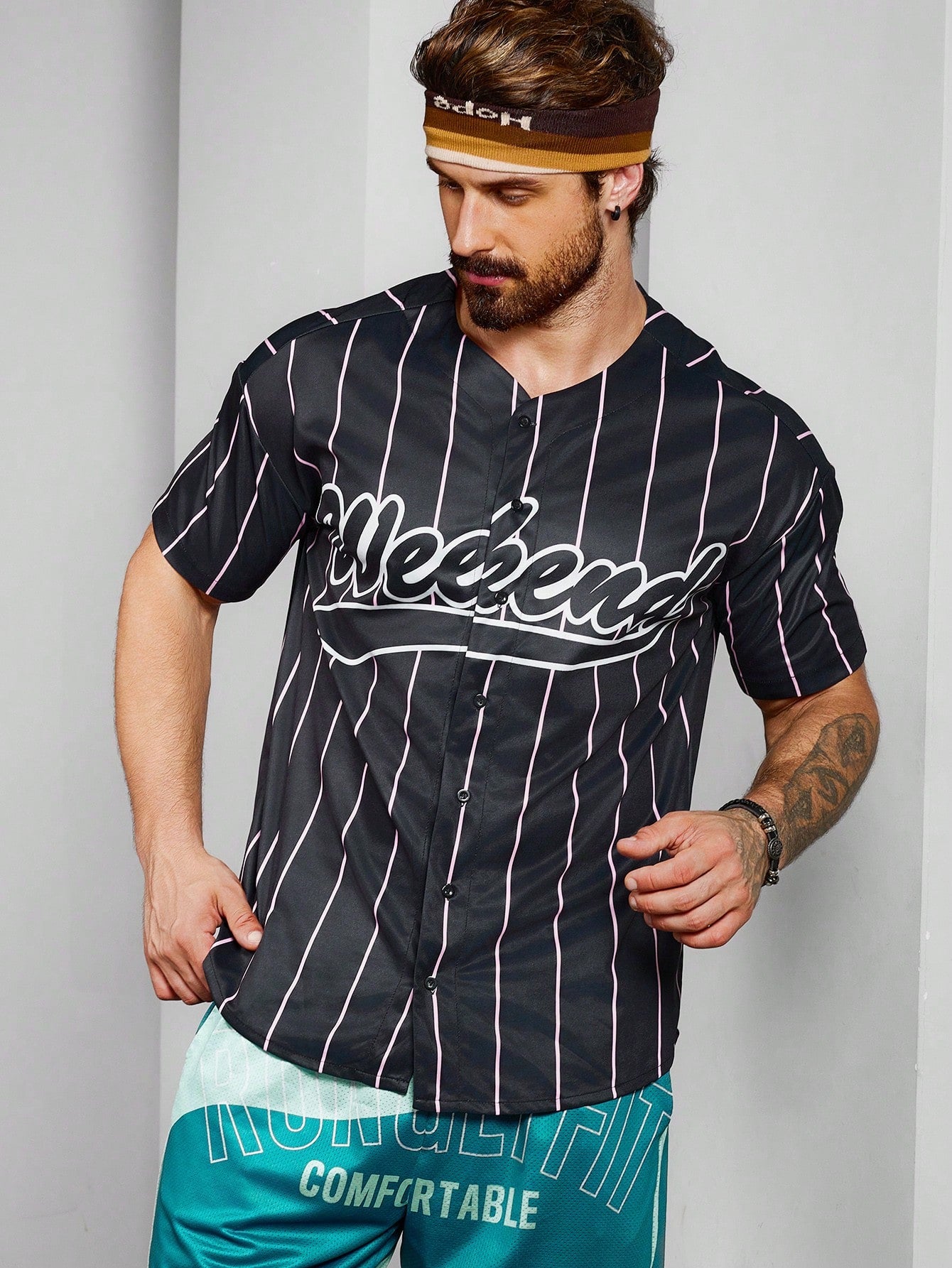 Men's Letter Striped Print V-Neck Short Sleeve Casual Sports T-Shirt Workout Tops