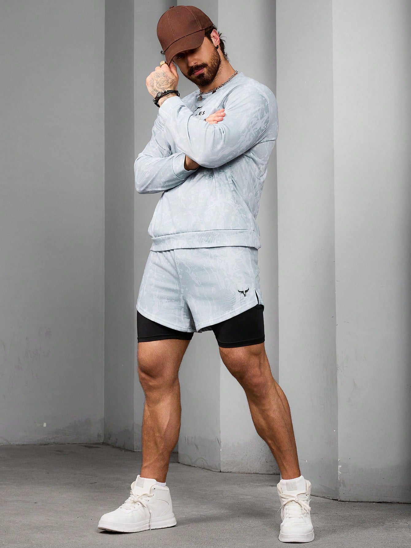 Men's Four Seasons Letter Printed Round Neck Sweatshirt And Shorts Casual Sportswear Set Workout Set