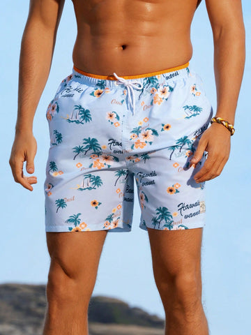 Men's Floral Printed Drawstring Casual Beach Shorts, Summer Holiday Outfit