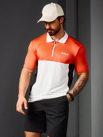 Men's Turn-Down Collar Zipper Short Sleeve T-Shirt And Solid Color Pocket Shorts Set For Summer Sports And Golf