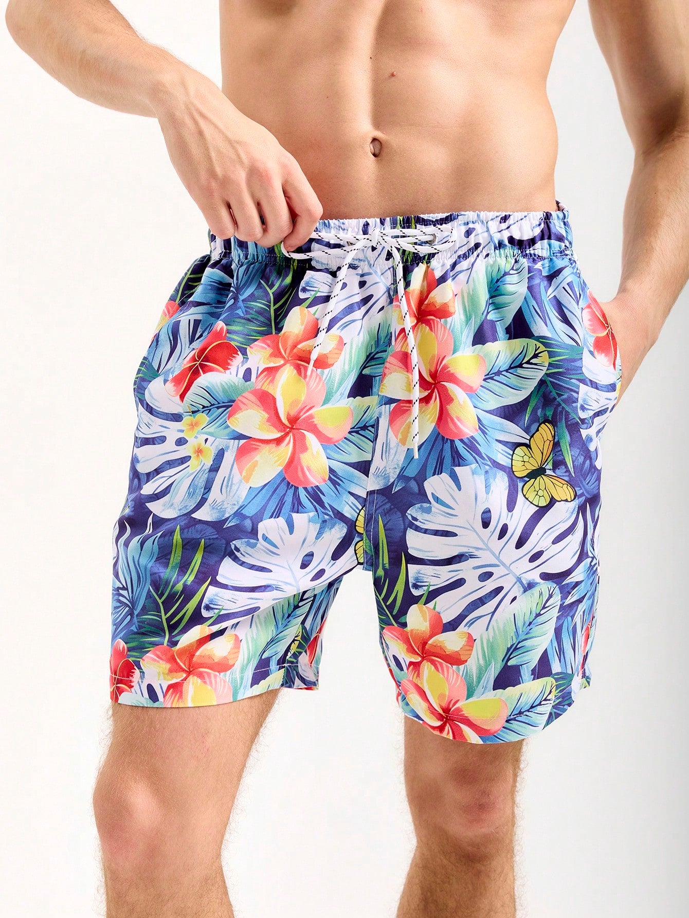 Men's Tropical Printed Drawstring Waist Beach Shorts