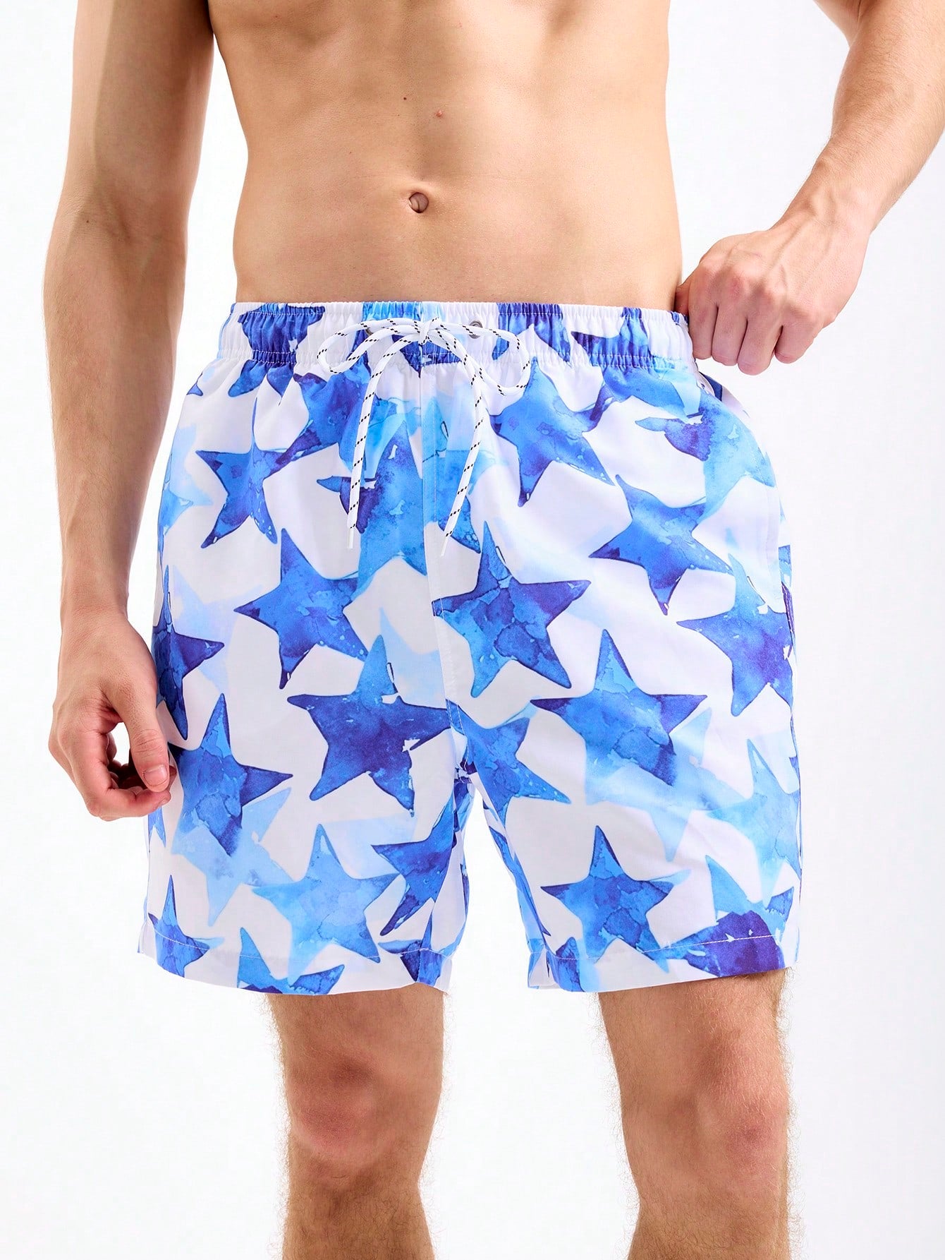 Men's Star Printed Drawstring Swim Shorts With Pockets For Summer Beach