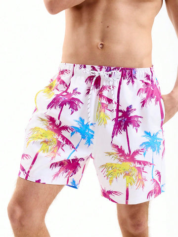 Men's Palm Tree Printed Drawstring Elastic Waist Loose Beach Shorts For Vacation