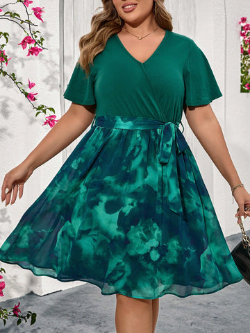 Plus Size Printed Chiffon Dress With Green Hem For Summer Country Concert Outfit Sundress