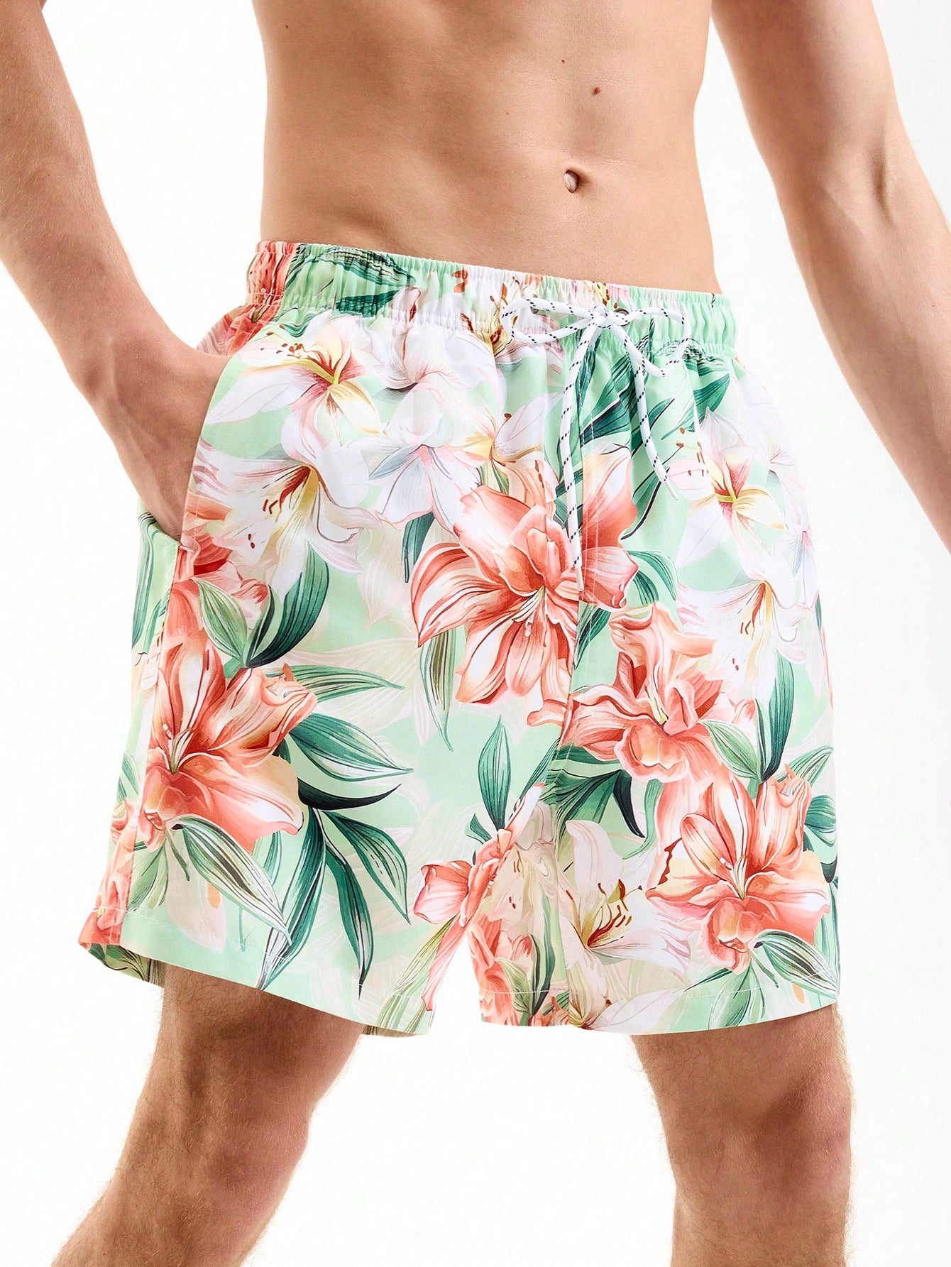 Men's Floral Printed Drawstring Beach Shorts With Pockets, Summer