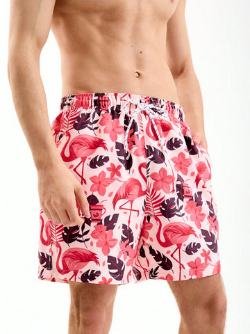 Men's Flamingo Printed Drawstring Elastic Waist Loose Beach Shorts For Holiday