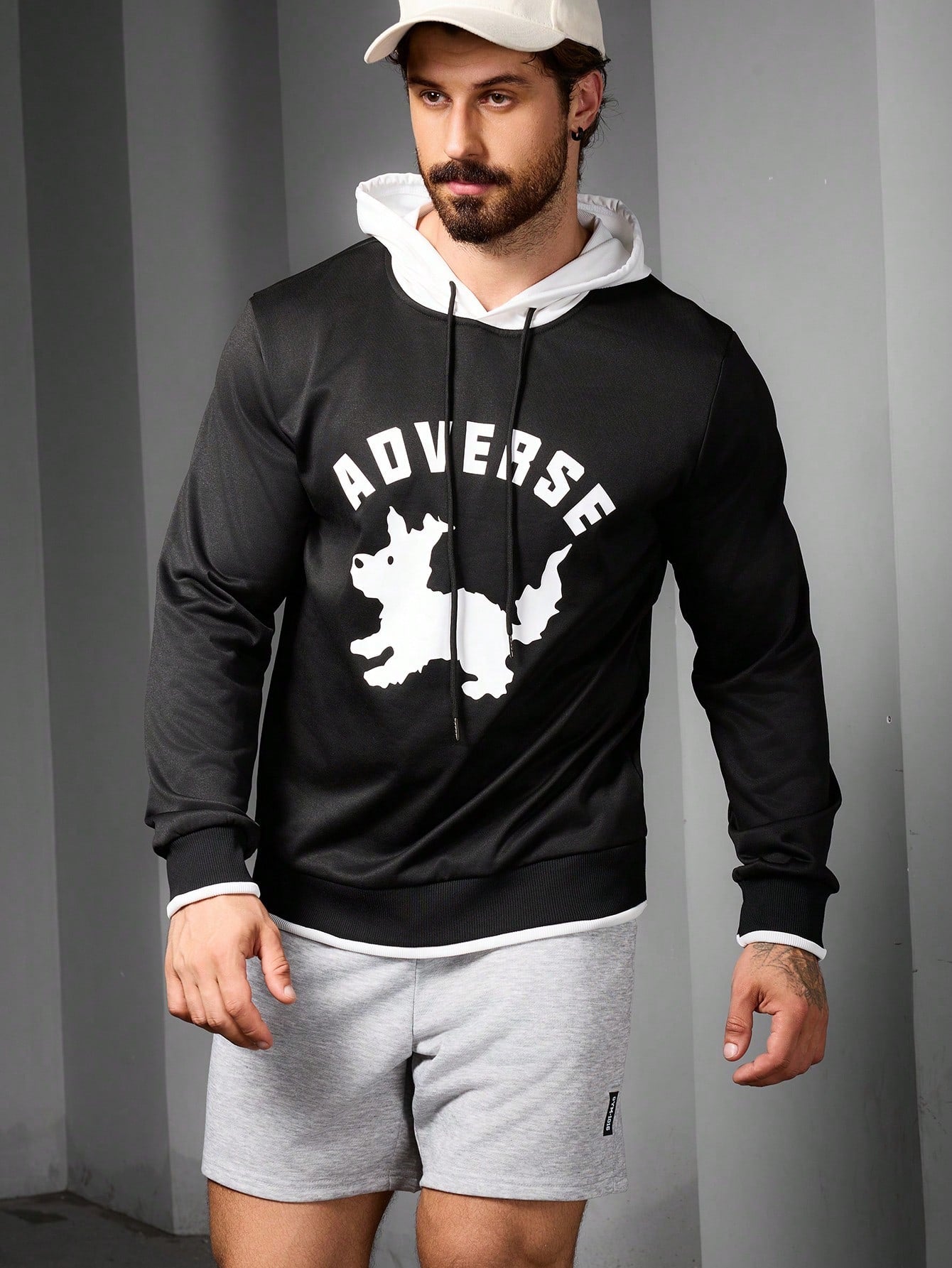 Men's Cartoon Dog Printed Letter Long Sleeve Hooded Casual Sports Sweatshirt Hoodie