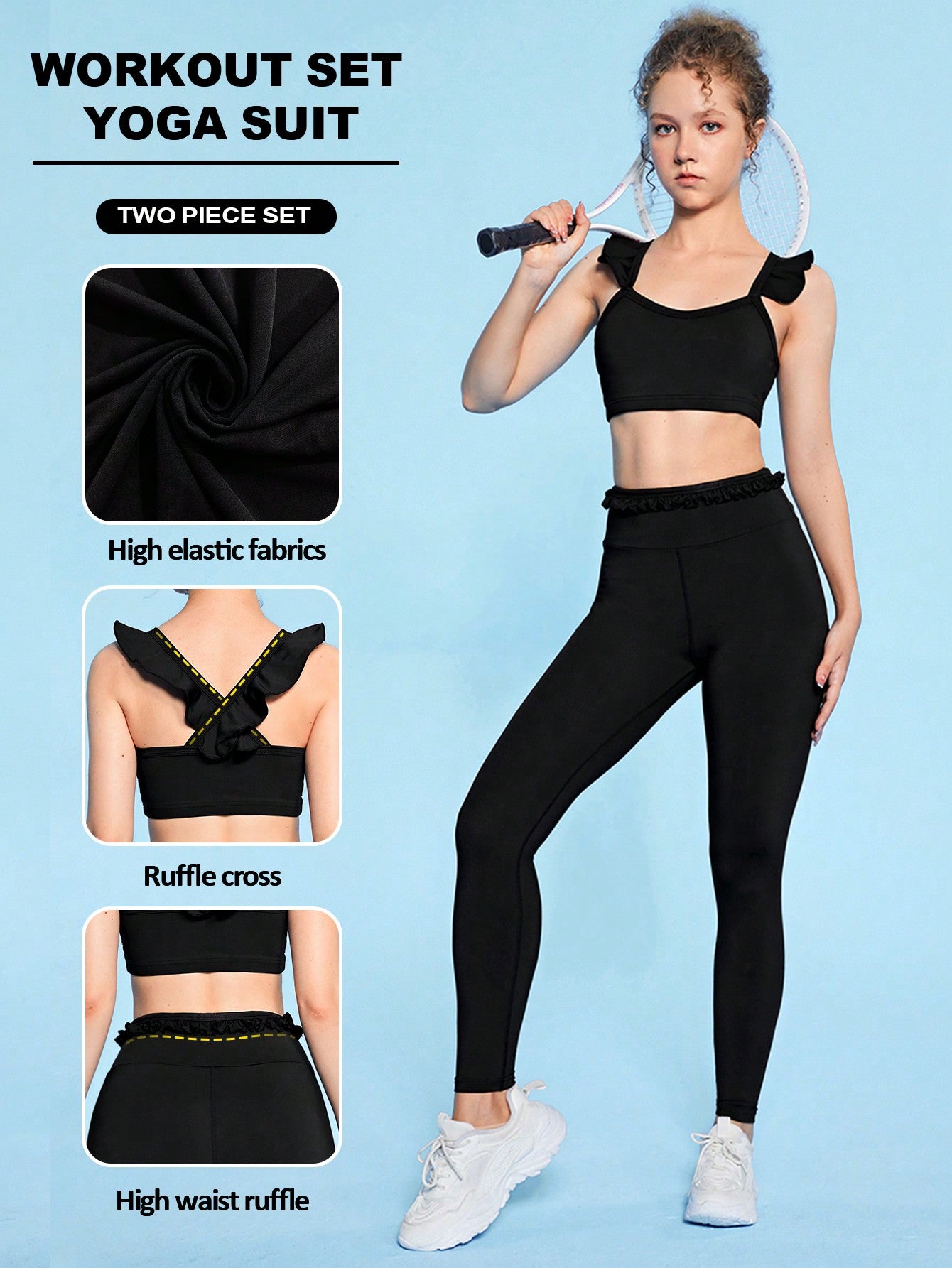 Teen Girl Elastic, Sweat-Absorbing And Comfortable Short Ruffle Edge Decorated Sports Vest And Leggings