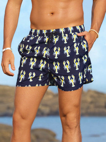 Men's Animal Printed Drawstring Shorts With Pockets For Summer Beach